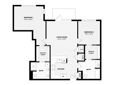 Floor plan for 2 beds, 2 baths, 1173 sqft